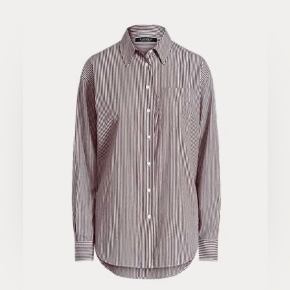 Lauren Ralph Lauren White and Burgundy Striped Button-Down Shirt